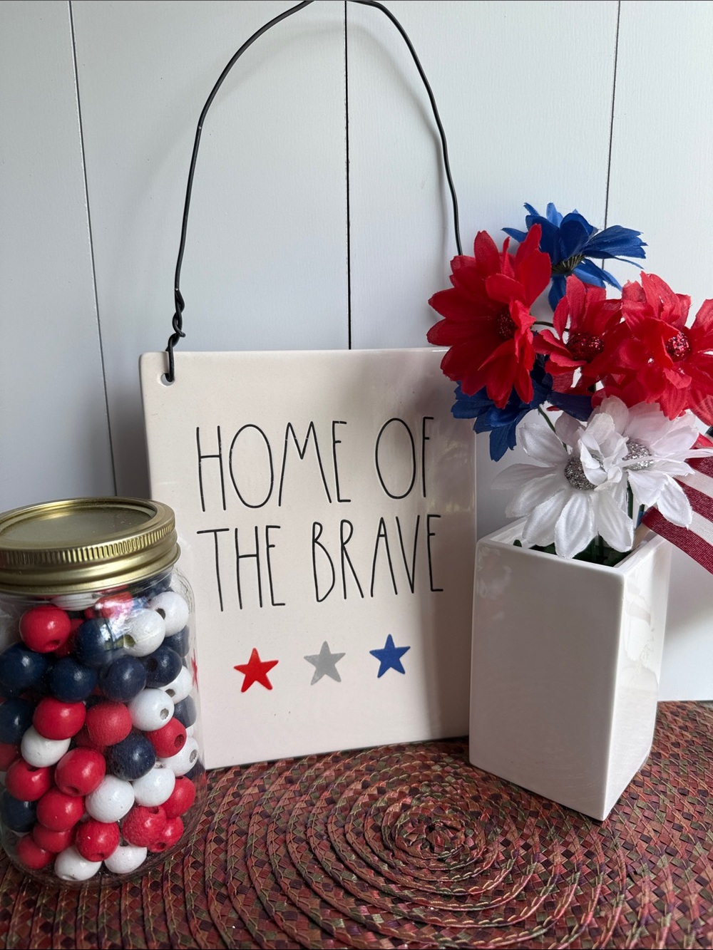 USA Patriotic "Home of the Brave"  Sign Rae Dunn with RWB Flowers Beads Flag